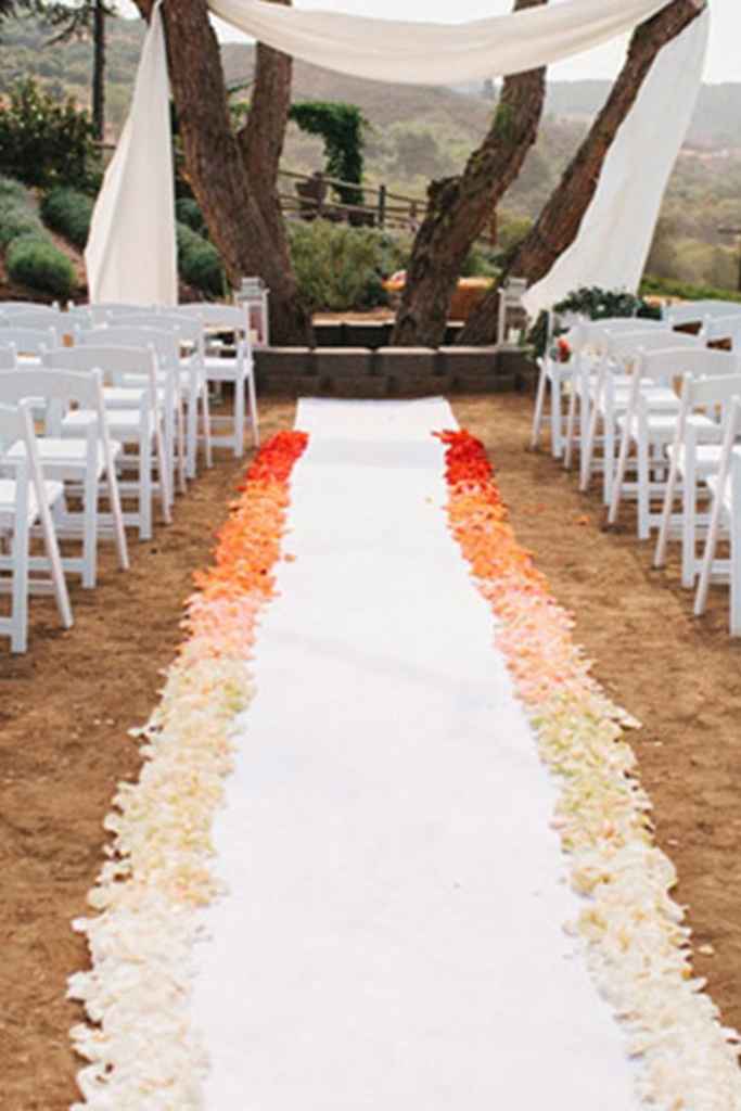 Civilni poročni obred pod drevesom, na katerem je obešeno belo blago. Na levi in desni strani so postavljeni beli stoli, med njimi pa bela preproga, ki je ob strani okrašene iz cvetlic, ki se prelivajo iz oranžne v belo barvo. Foto: Josh Elliott Photografphy