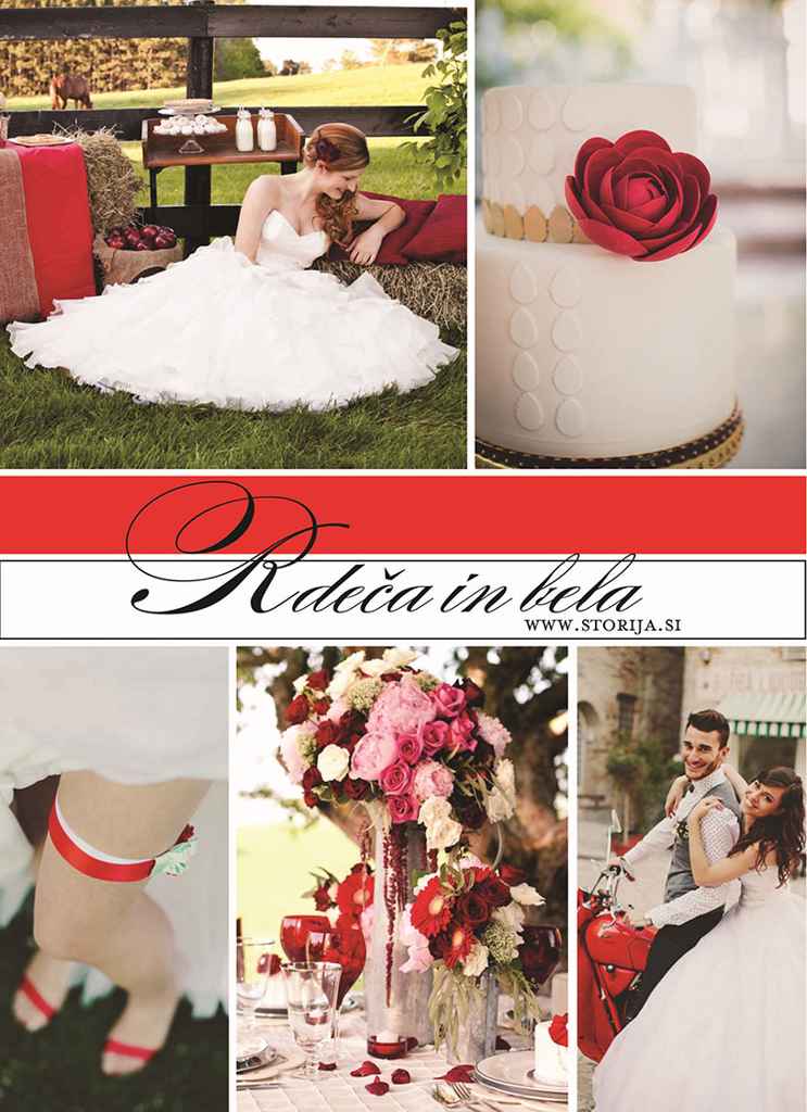 Mood board za elegantno rdeče-belo poroko sestavljen iz rdeče in bele barve. Foto: (avtorji so spodaj) kolaž sestavila Petra Starbek