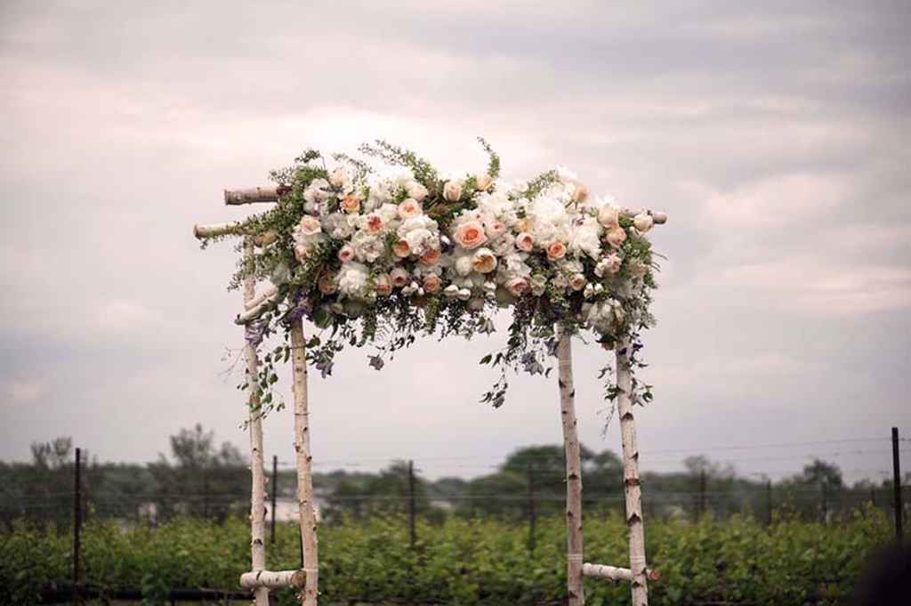 Obok za poroko, narejen iz breze ter dodane vrtnice, potonike, hortenzije in ranunkule. Vrh poročnega oboka krasi različno zelenje. Foto: Storija weddings