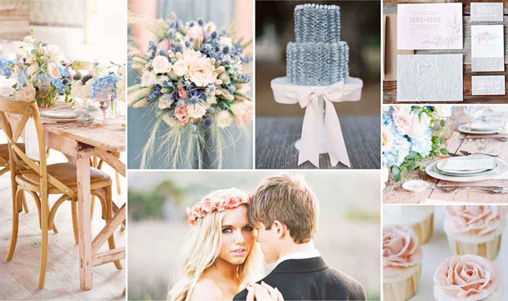 Poročni kolaž (mood board) v odtenkih svetlo roza ter modre. Foto: vir - Pinterest