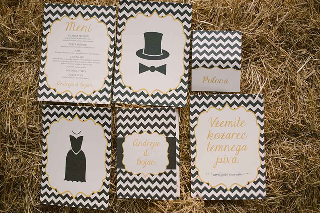 Poročne tiskovine v cikcak vzorcu (poročna vabila, sedežni red, meni, imenska kartica). Foto: Urška & Domen Photography