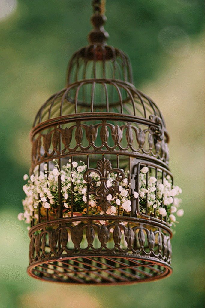 Rjava ptičja kletka, okrašena s belim šlajerjem je popolna poročna dekoracija v Hiši Lisjak.  Foto: Ursa&Domen Photography